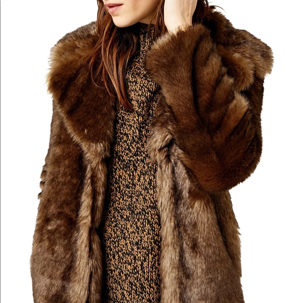 Aqua Brown Faux Fur Coat Mink Look Satin Lining Jacket Size Small